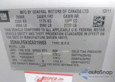 2012 Chevrolet Equinox Ltz z USA, uszkodzony, nr VIN 2GNALFEK3C6219983